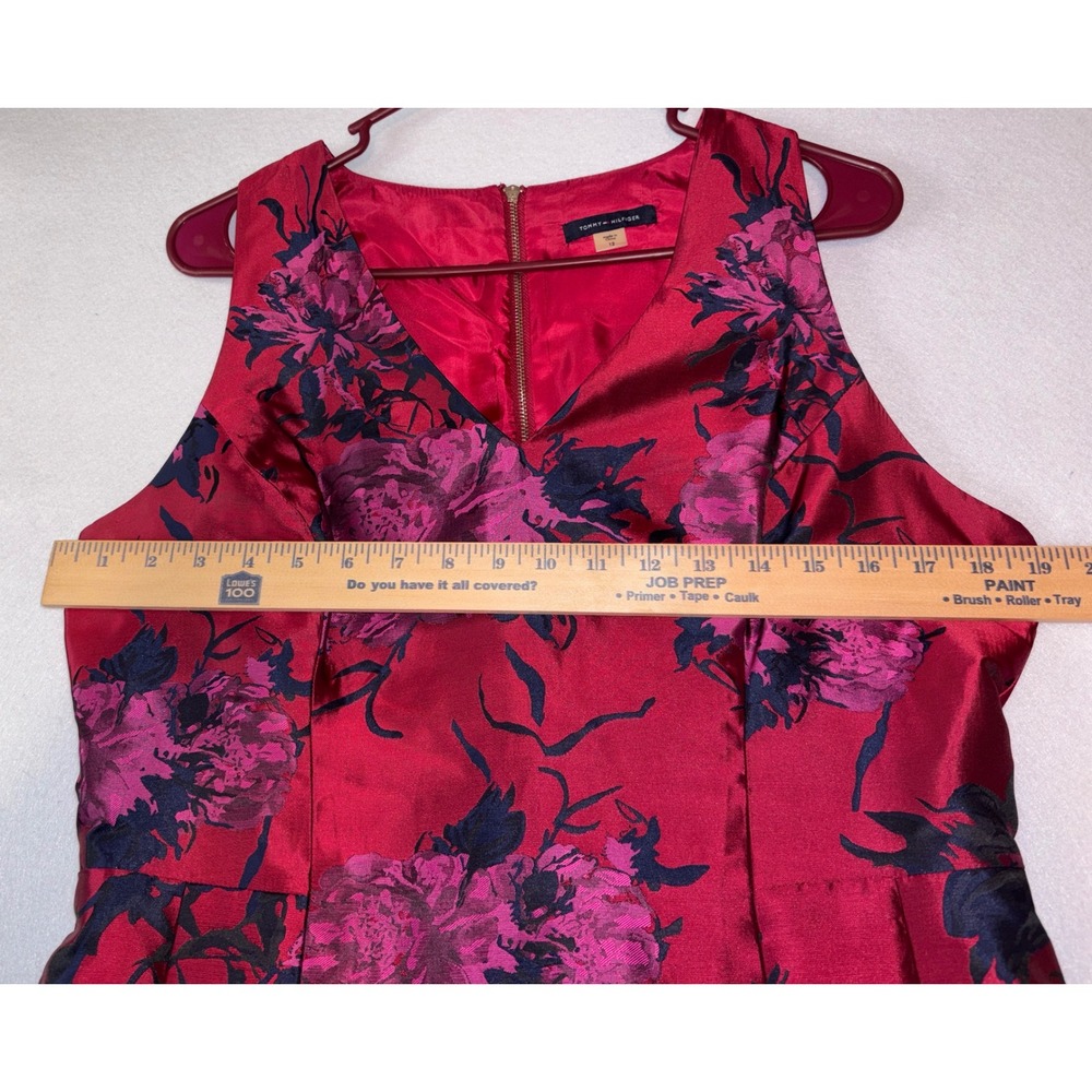 Tommy Hilfiger Womens Red Floral Satin Fit Flare Cocktail Dress Size 12 V-Neck - Picture 10 of 12